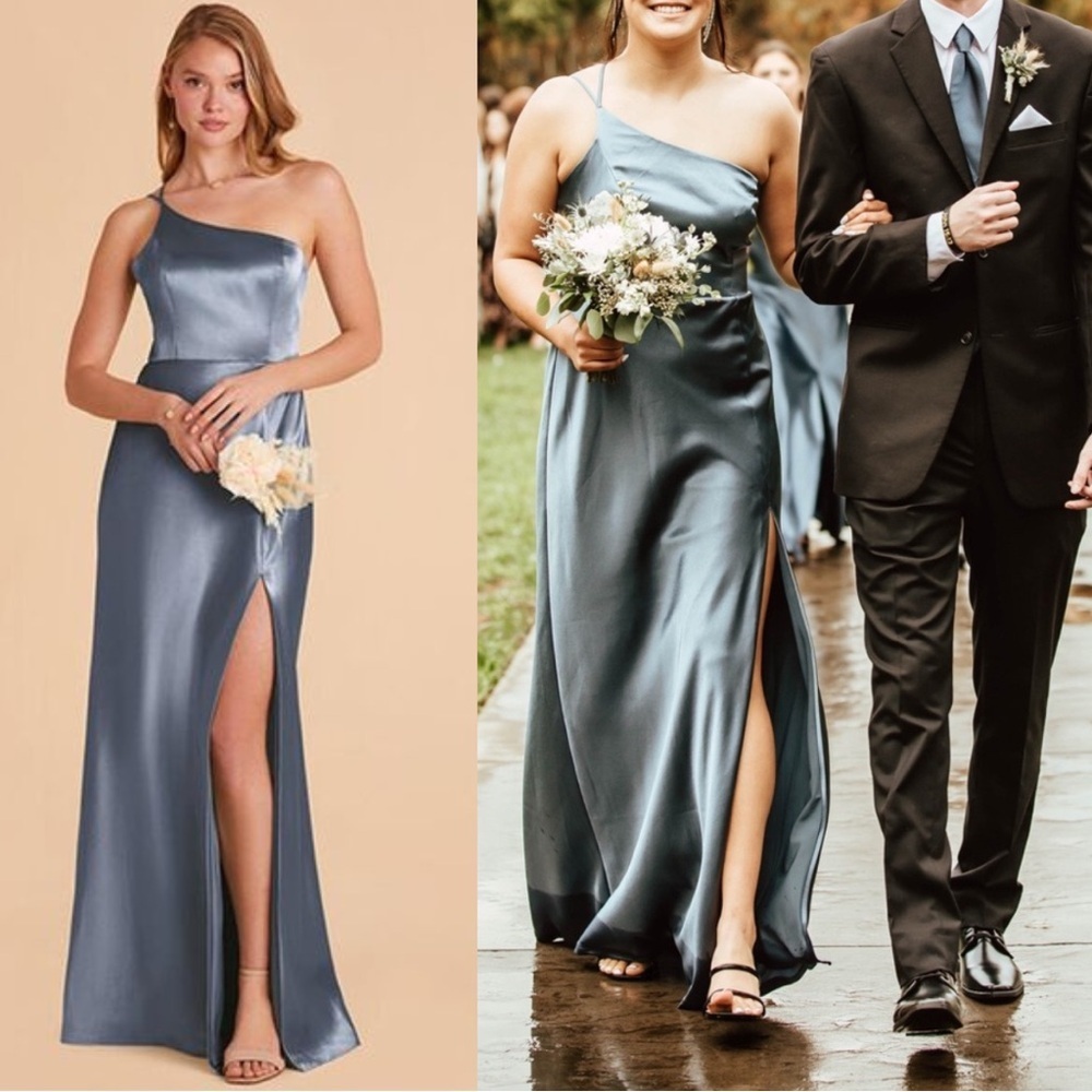 Birdy Grey Shiny Satin Kensie One Shoulder Maxi Gown Dress French Blue Small